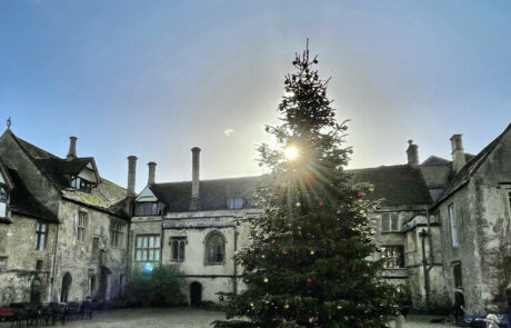 Weihnachtsbaum im Innenhof von Lacock Abbey, einer ehemaligen Abtei in Wilshire, England.